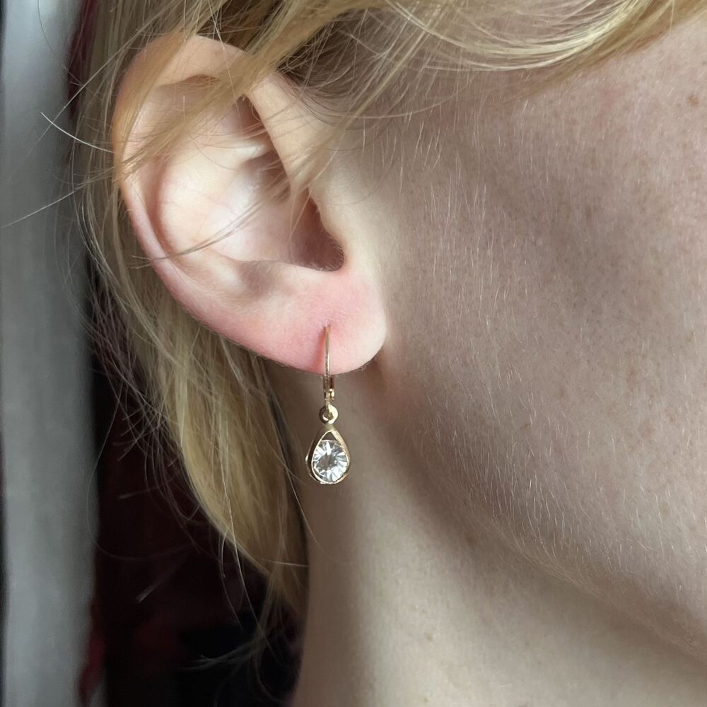 Gold Tone Clear Gem Drop Hoop Dangle Earrings Dainty Feminine Classic